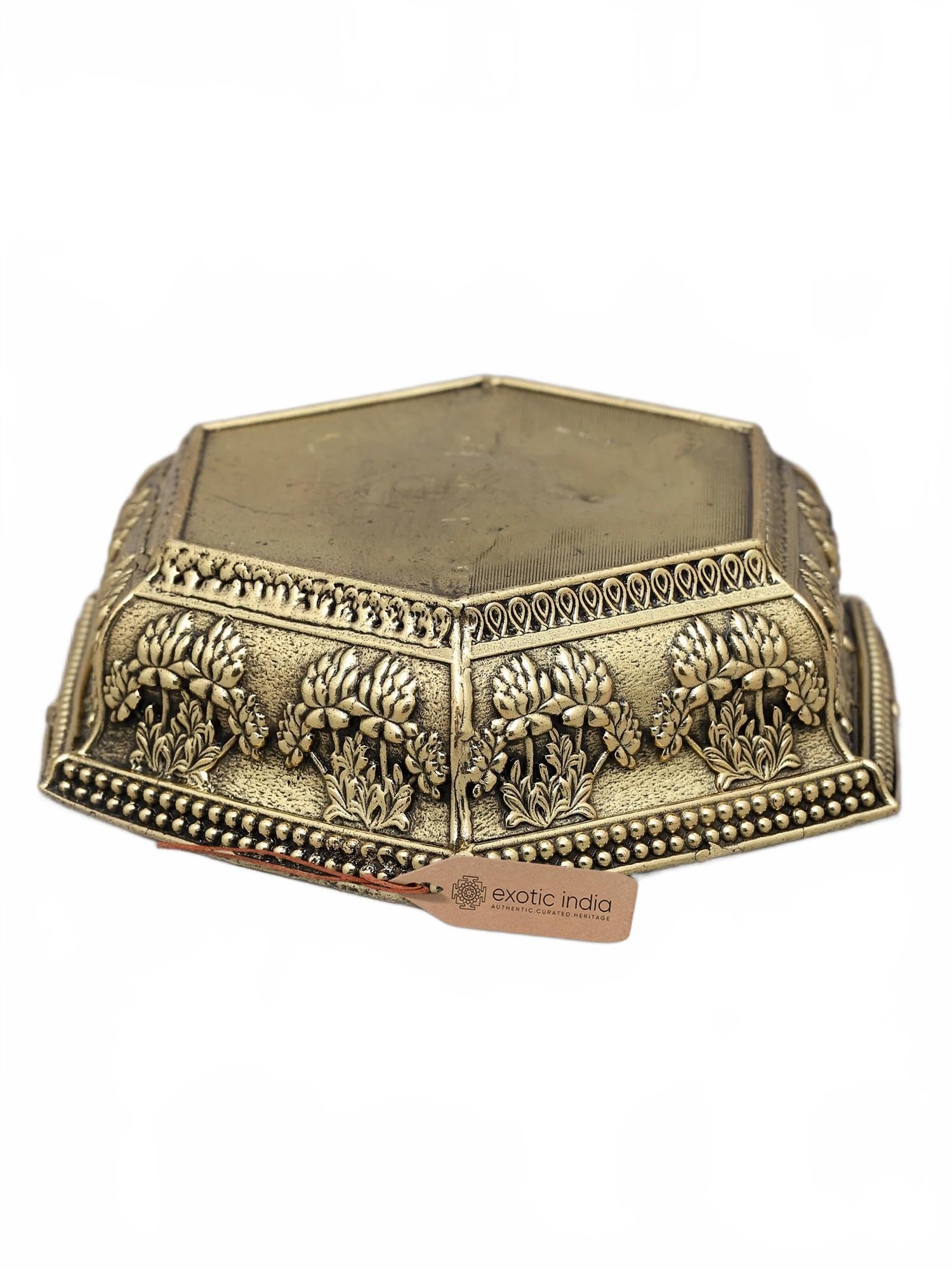 Exotic India Small Superfine Pedestal Brass | Ritual Pooja Temple Chowki for Home Décor & Office Décor | Antique Mandir Altar Table Gift