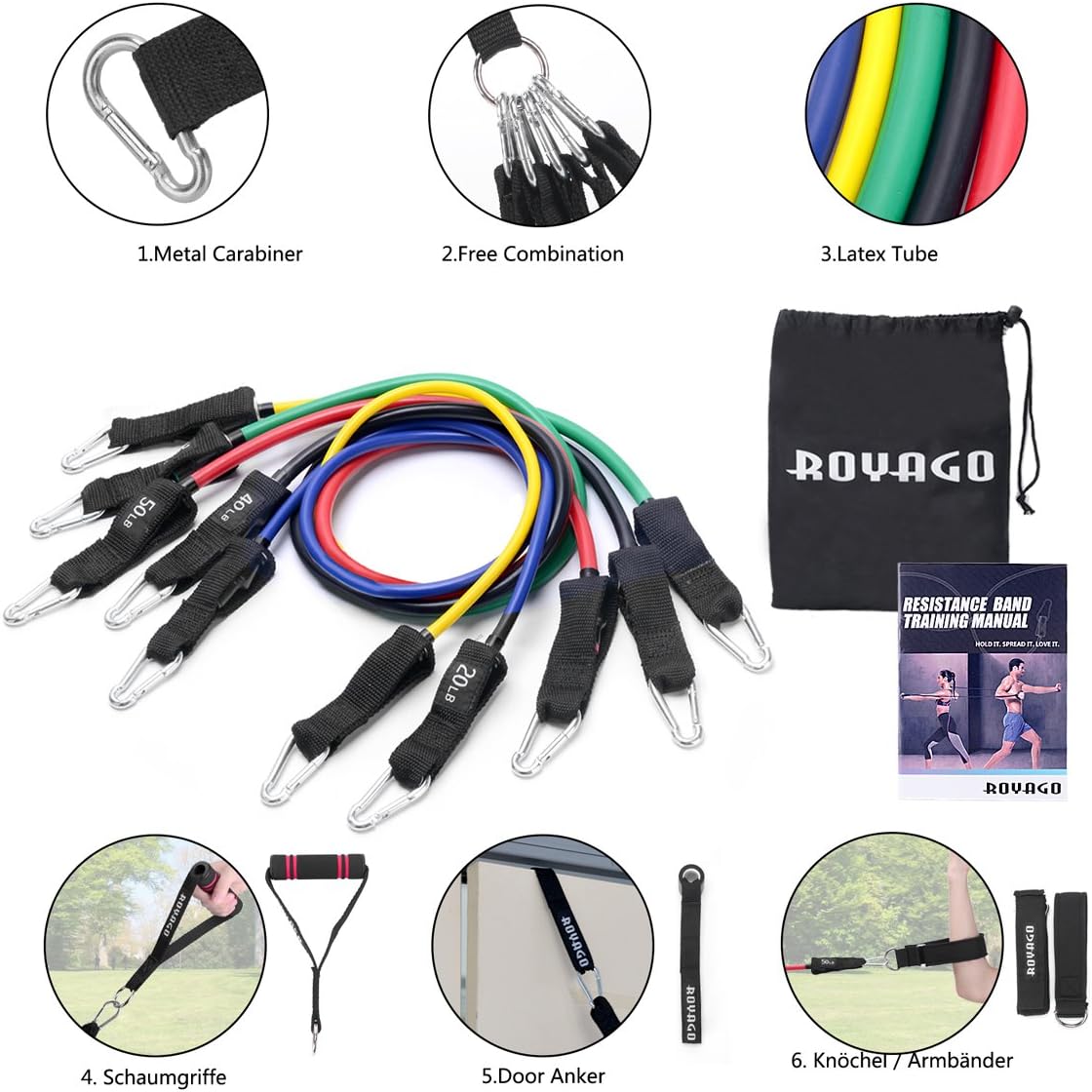 Resistance Bands Set Workout Bands 150LBS 11 PCS with Exercise Tube Bands,Door Anchor,Legs Ankle Straps,Waterproof Carry Bag and Exercise Guide Booklet-for Resistance Training,Physical Therapy