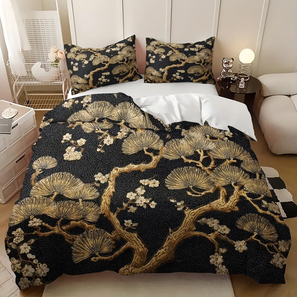 Japońskie kwiaty wiśni zestaw poszewek na kołdrę zestawy pościeli rozmiar euro 152 x 200 cm miękka i oddychająca szczotkowana mikrofibra złota poszewka na kołdrę 3 sztuki dla dzieci dorosłych