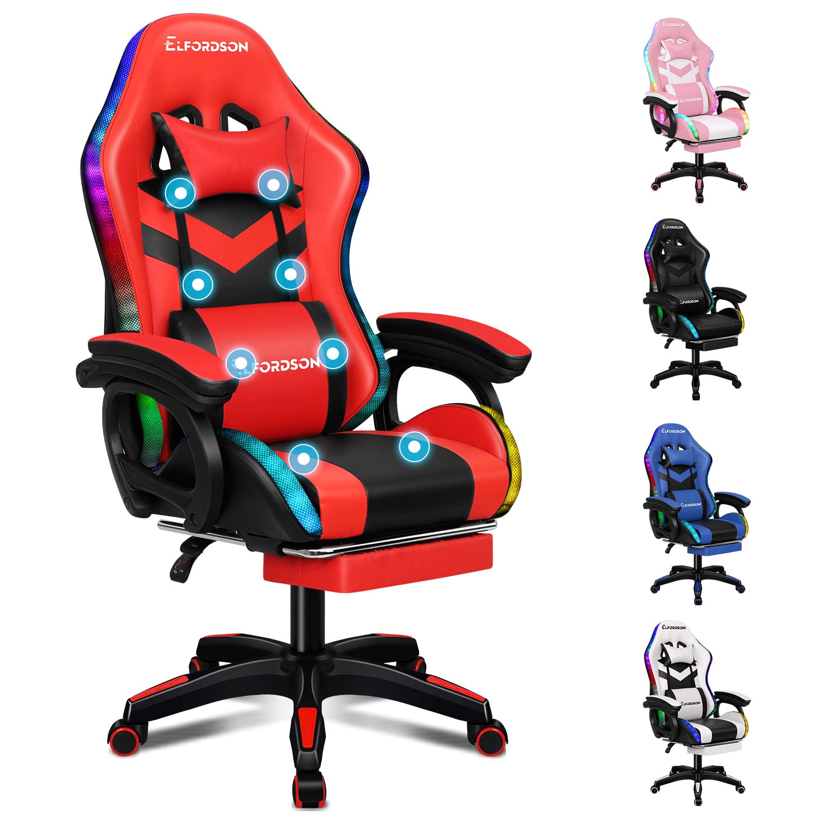 ELFORDSON Gaming Chair with RGB LED Light, 8-Point Massage Computer Office Chair with Lumbar Support Footrest 82cm High Back 150° Recliner, Red & Black