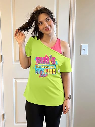 Miniatura 2 de Traje de los años 90 y 80 para mujer, camiseta de discoteca de fiesta temática de los años 80, tops con hombros descubiertos, parte superior vintage