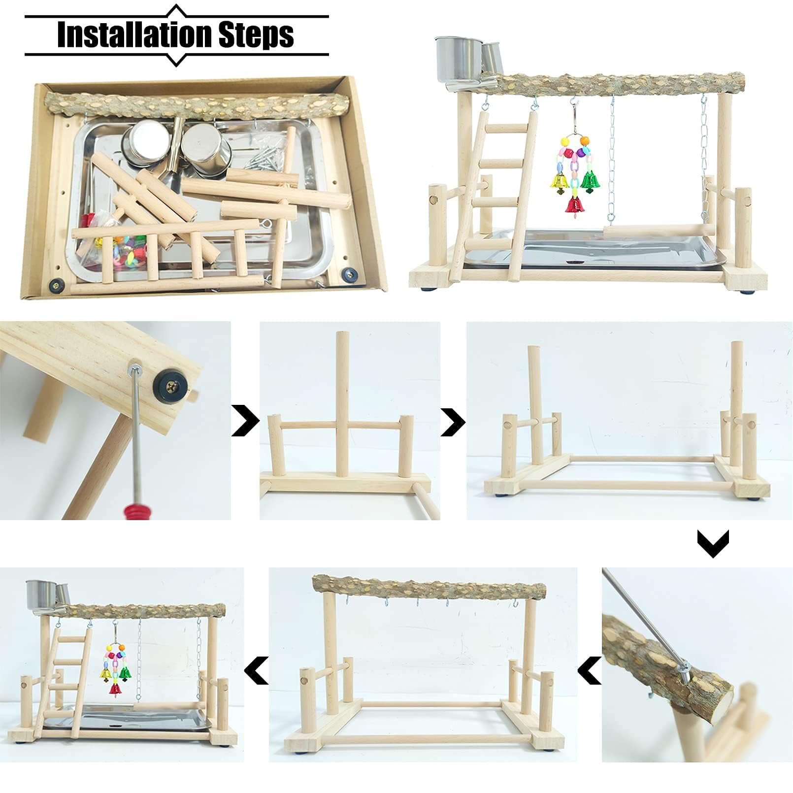 PINVNBY Parque de Juegos para pájaros, Soporte de Madera para Loros, Soporte de Madera para Ejercicio, para Gimnasio, Escalera con Tazas de comedero, Juguetes Colgantes para periquitos, Conure