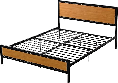 Miniatura 6 de Marco de cama de plataforma tamaño Queen, marco de cama de metal con estilo industrial con cabecera y estribo, marco de cama no necesita somier para
