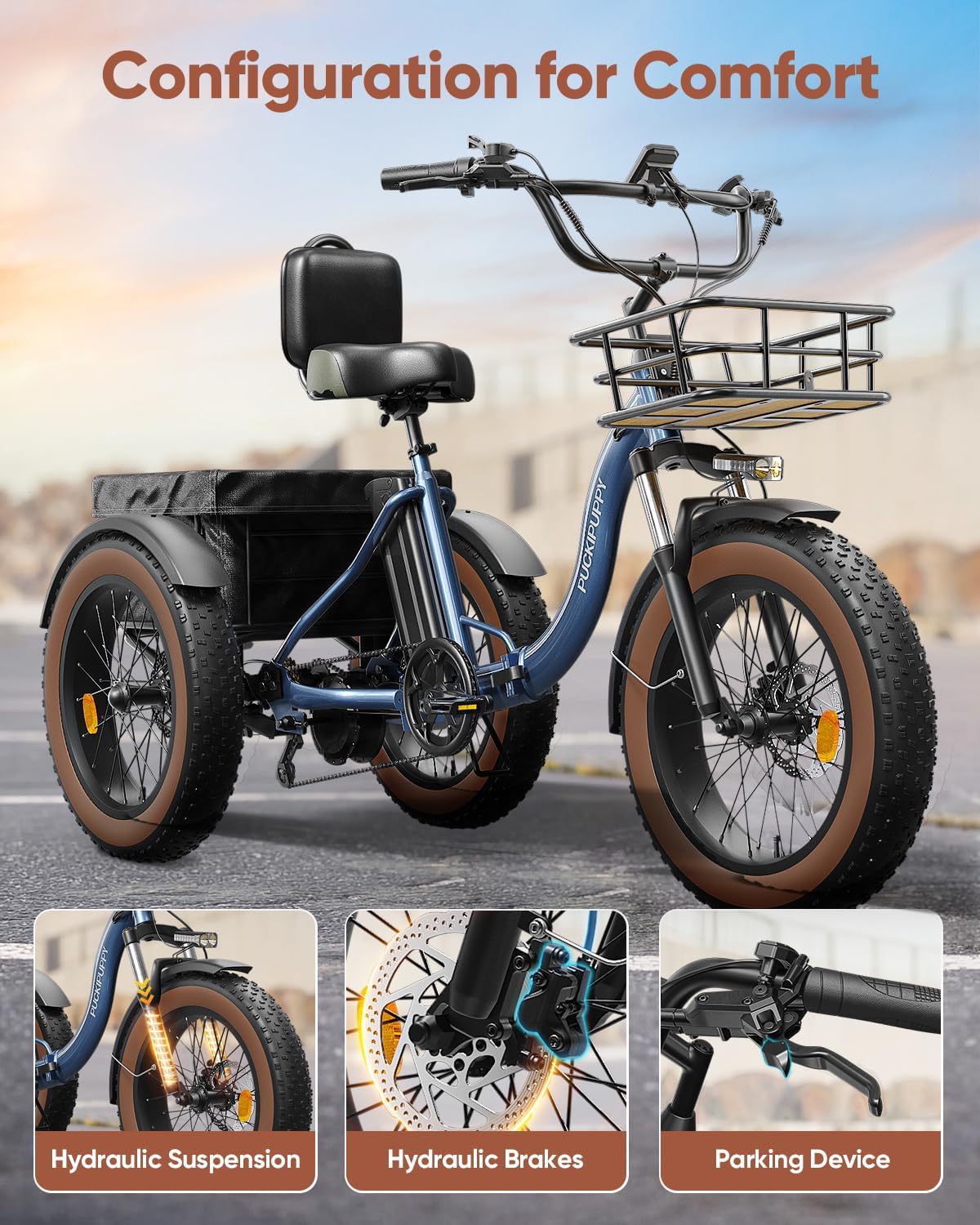 PUCKIPUPPY Electric Tricycle for Adults Alaskan, Rear Motor Electric Trike, 20" 6061 Aluminum Folding Ebike Frame, 3 Wheel Cargo Tricycle with Large Basket