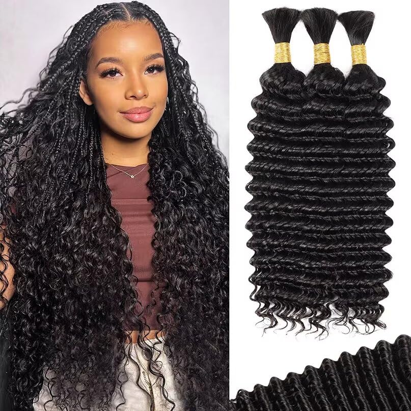 12A Human Braiding Hair for Boho Braids 3 Bundles 24 Inch 100g Deep Wave Braiding Hair for Bohemian Knotless Braids 100% Unprocessed Brazilian Virgin Bulk Hair Extensions No Weft Natural Color