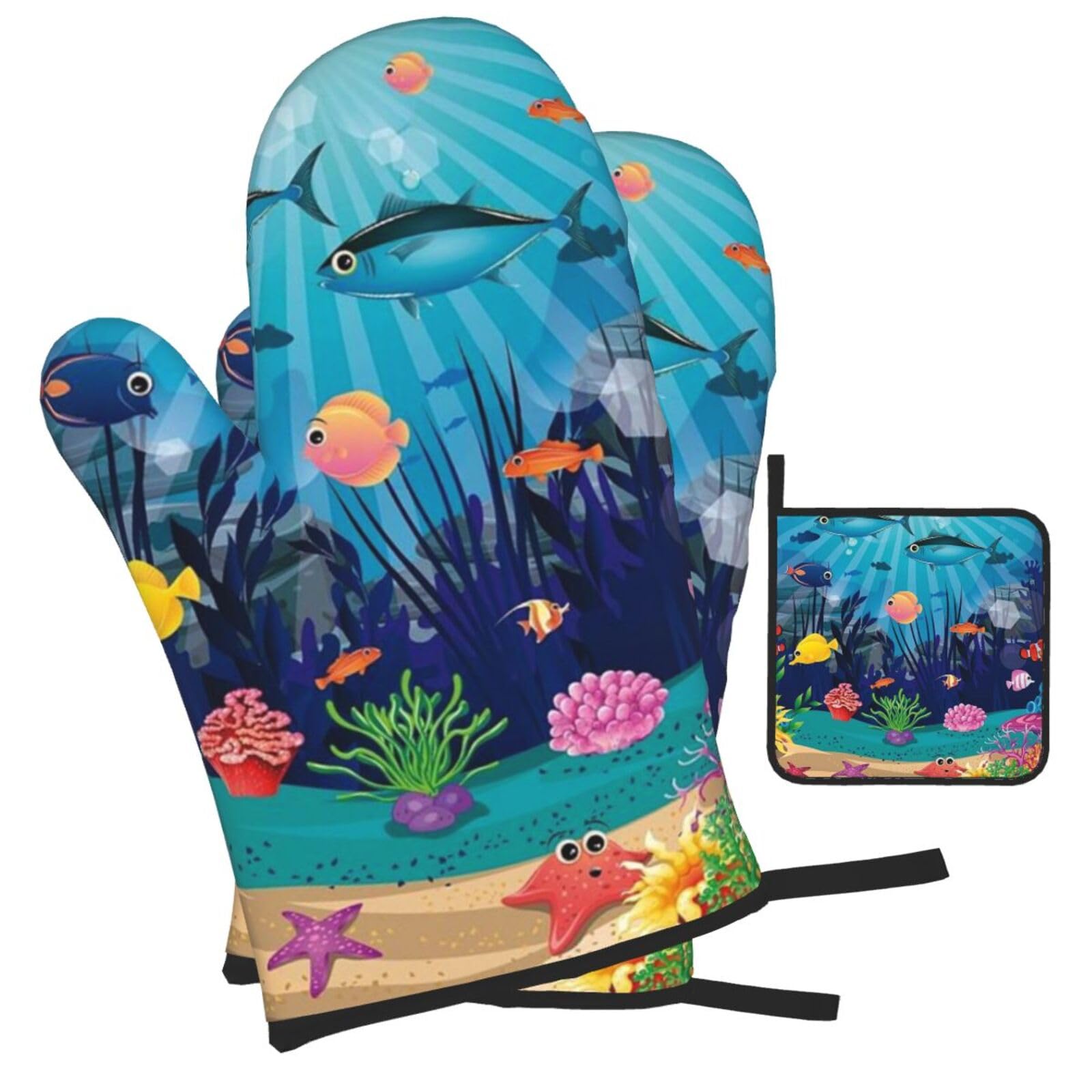 The Underwater World Tropical Fish Printed Oven Mitts and Pot Holders Heat Resistant Set of 3 Pcs, Modern Kitchen Gloves & Potholders for Cooking Baking Grilling