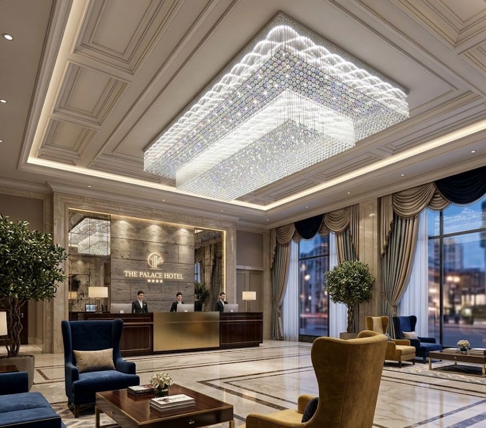 Image of Sanleen Large Rectangular Crystal Chandelier Ceiling Light 24x36 Inch | LED Flush Mount Wave Pattern Design | Modern Luxury Ceiling Lamp for Dining Room, Living Room | Height 18 Inch