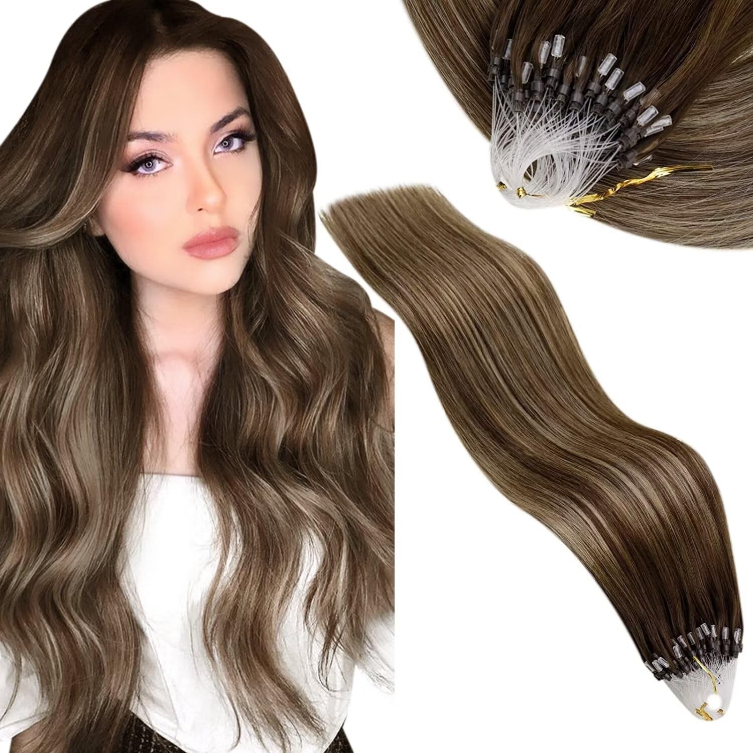 Vivien Brown Micro Beads Hair Extensions Human Hair Balayage Medium Brown to Dark Blonde Micro Ring Hair Extensions Human Hair Pre Bonded Micro Link Human Hair Extensions #4/27/4 50g/50s 22Inch