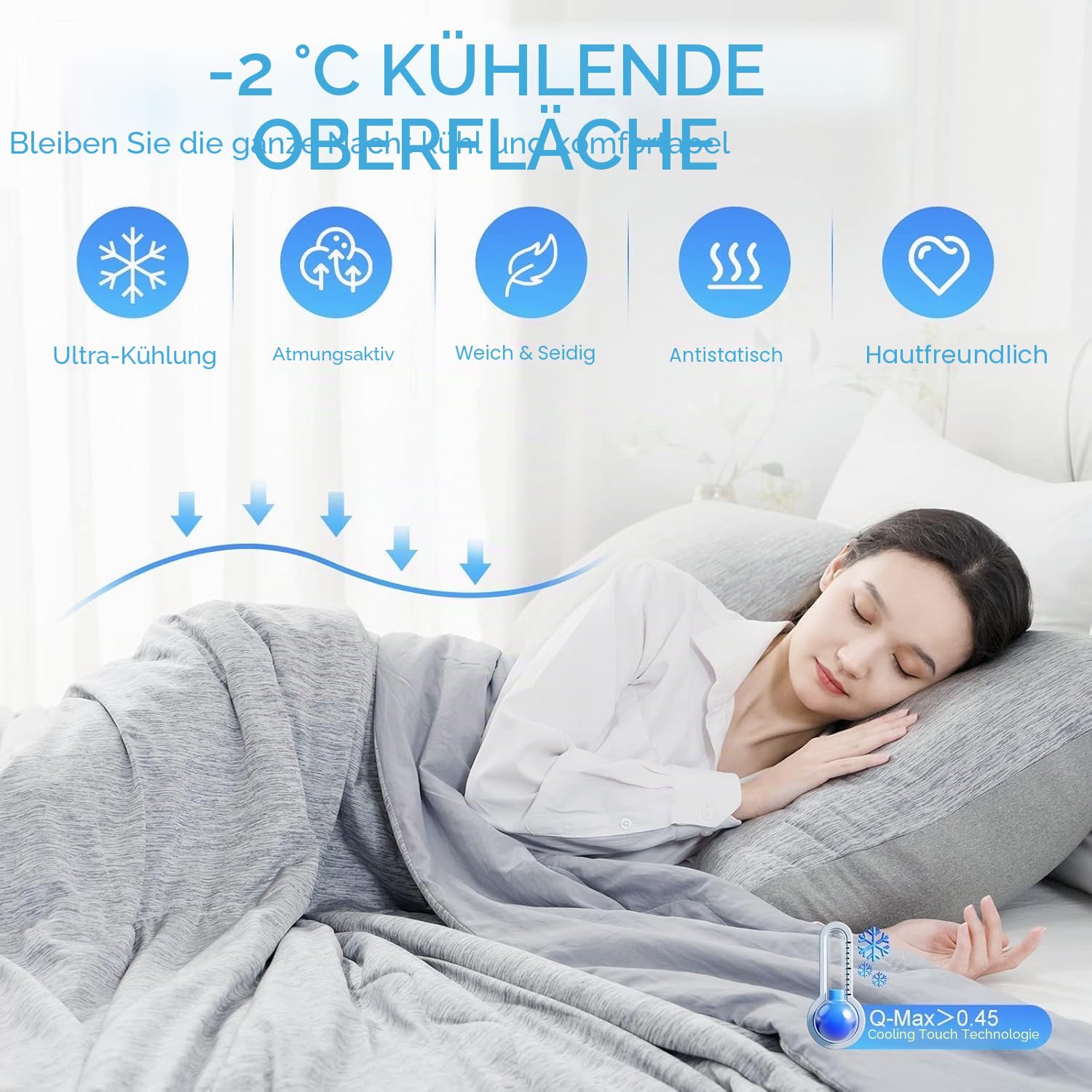 Sommer Kühldecke, Kühlende Decke ohne Bezug, Arc-Chill Q-Max>0,45, Leichtgewicht & Atmungsaktiv, Kühldecken zum schlafen Kühldecke für Heiße Schläfer, Nachtschweiß, Grau, 152 x 228 cm