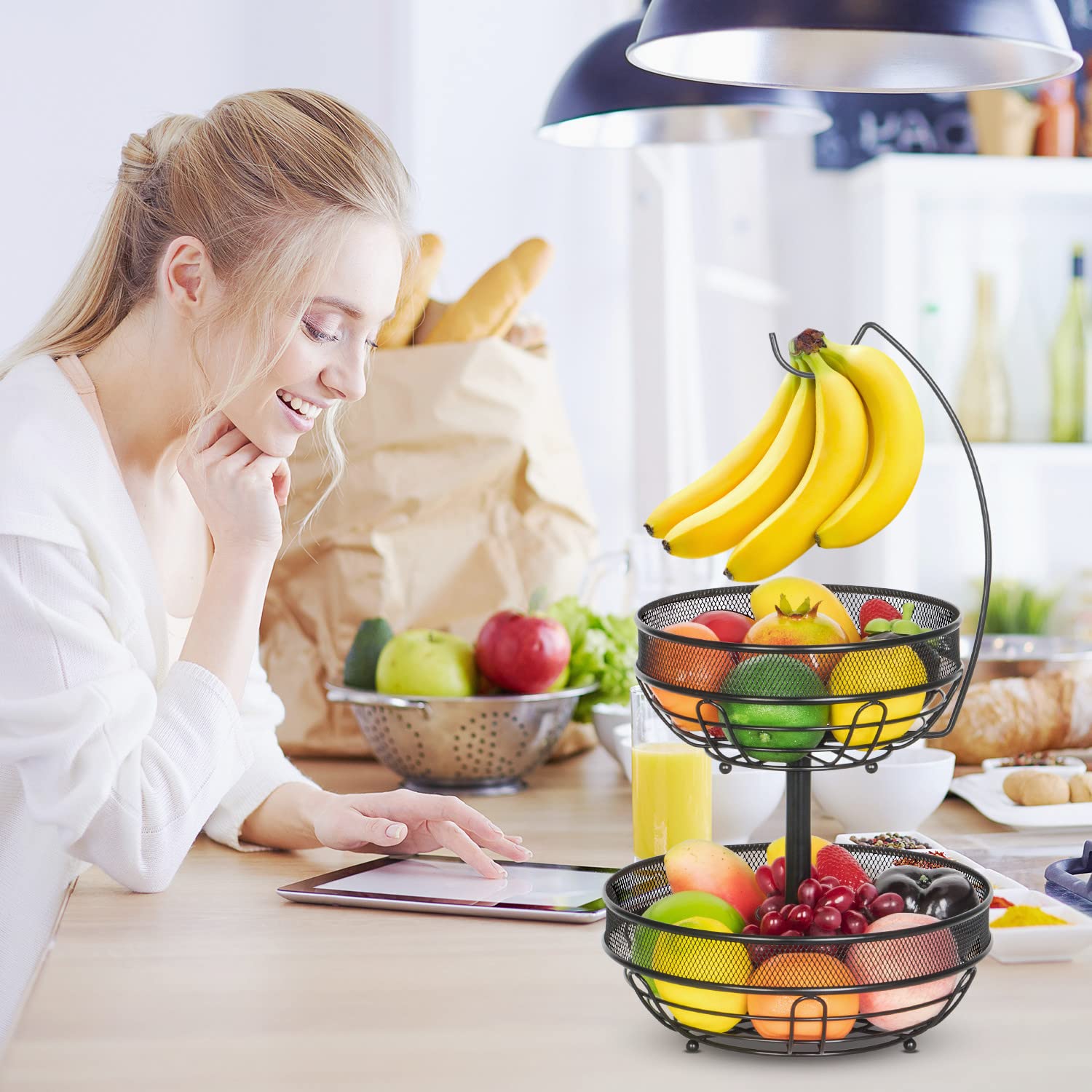 2-stufiger Obstkorb Bronze - Platzsparender Obst- & Gemüseständer Mit Bananenhaken