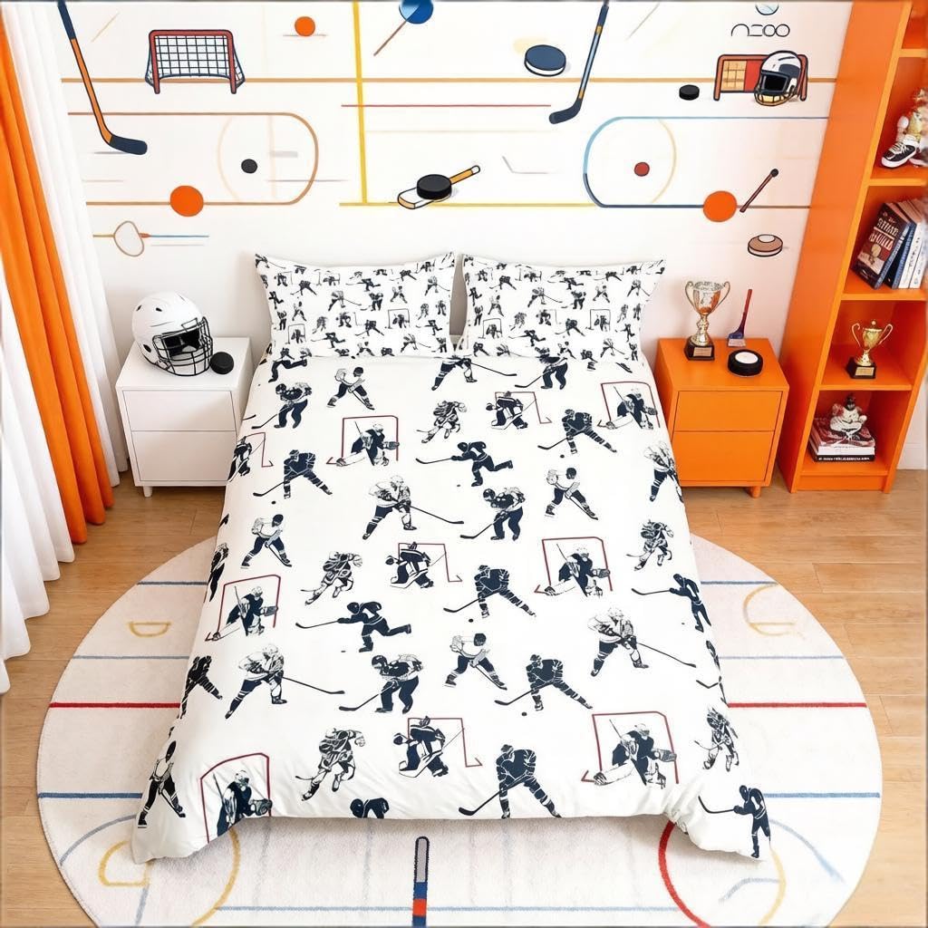 Loussiesd Ice Hockey Player Bedding Set Kids Boys Girls Bedding Set Decorative Duvet Cover for Bedroom Cot Size