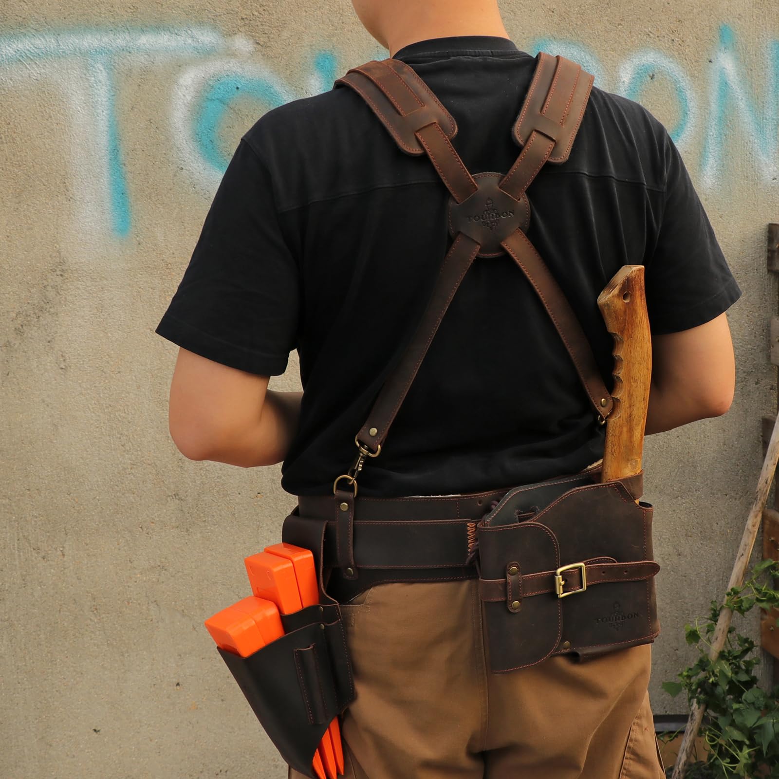 Tourbon Ceinture à outils en cuir véritable avec bretelles robustes pour électricien, charpentier
