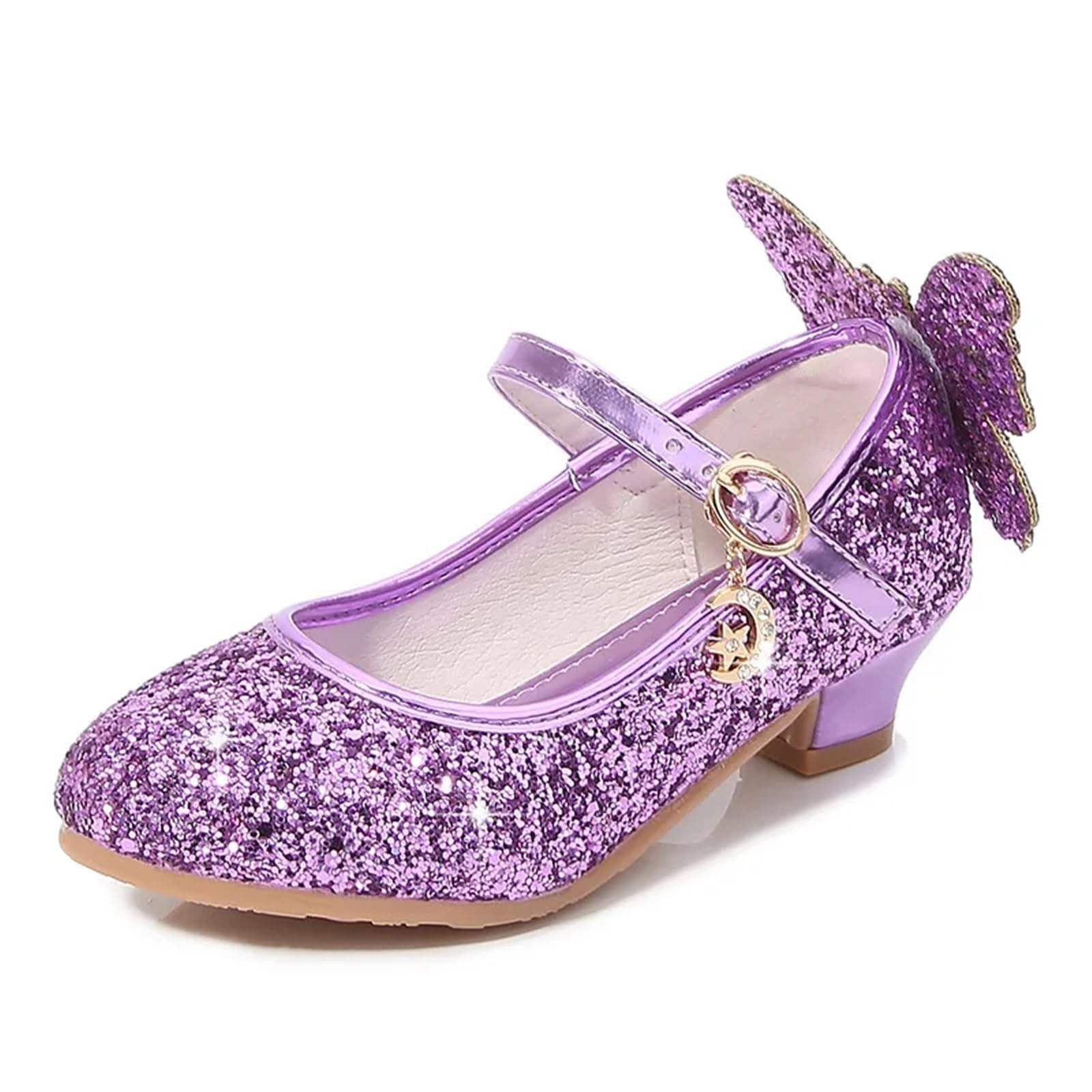 Zapatos de baile con purpurina for niña, de moda, de princesa, mariposa, de cuero, con lazo de diamante, tacón alto, for fiesta(Pink,29)