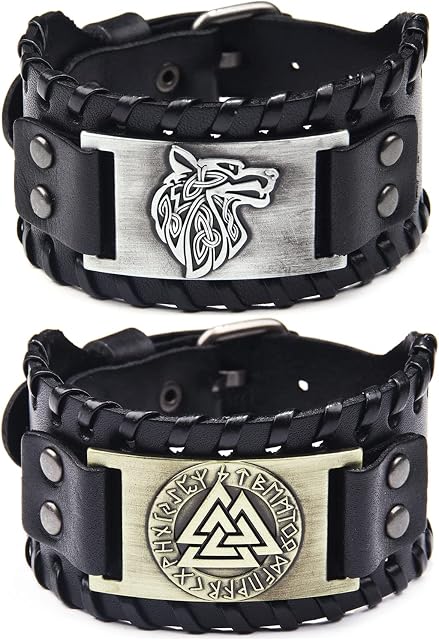 Sehaby 2 Pieces Viking Celtic Knot Bracelet, Nordic Wolf Head Leather Bracelet, Odin Triangle Rune Bracelet, Wide Cuff Wristband Bangle, Hand-Woven Bracelet, Vintage Leather Bracelet