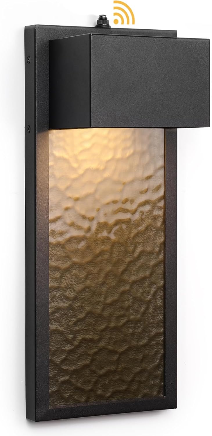 LamQee Modern LED Outdoor Wall Lights Sconces Dusk to Dawn Outdoor Light Fixture, Black LED Exterior Lighting Fixtures Wall Mount with Amber Water Glass for House Porch Patio, 3000K 10W 800LM