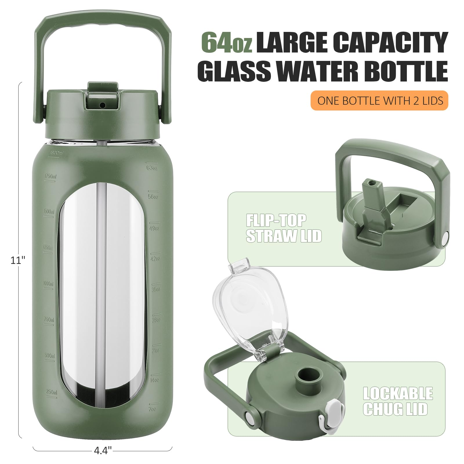 BLUEGO 2000ml Bottiglie d'acqua in vetro con 2 coperchi Bottiglia d'acqua con cannuccia 2L Bottiglia d'acqua grande con indicatori di capacità per sport A prova di perdite, Oliva