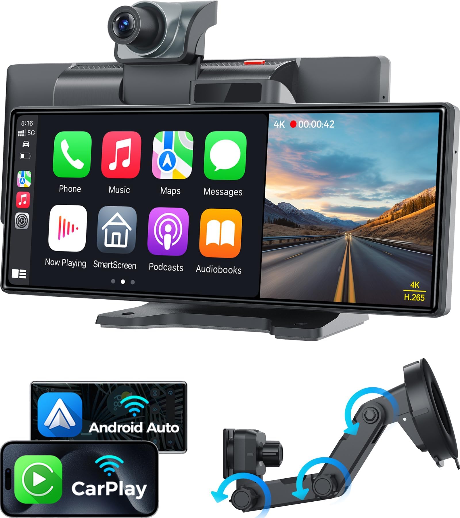JATAZA 10.26" Wireless Apple CarPlay Android Auto Car Screen - Secure Strong Bracket, 4K Dash Cam, GPS Navigation, HD Touchscreen, AirPlay, Car Stereo, Fits All Vehicles