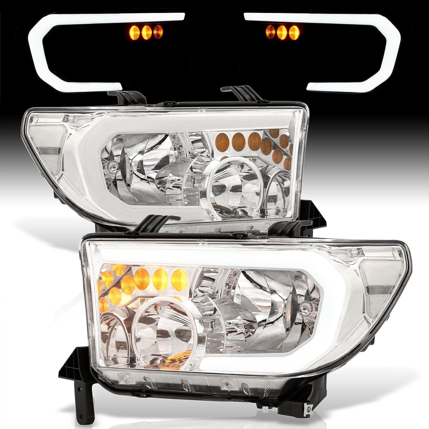 AJP Distributors Chrome Housing Clear Lens Corner LED DRL Tube Headlights Bumper Signal Lamps Assembly Compatible/Replacement For Tundra Sequoia 2007 2008 2009 2010 2011 2012 2013 2014 2015 2016 2017