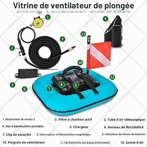 Cashwise Diving Ventilator Scuba Tank Diving System 60-70 Min Hookah Air Buddy Underwater Breathing System 52L/min Portable Lungs Breathing Device with Rechargeable Battery Red-1Battery - 2