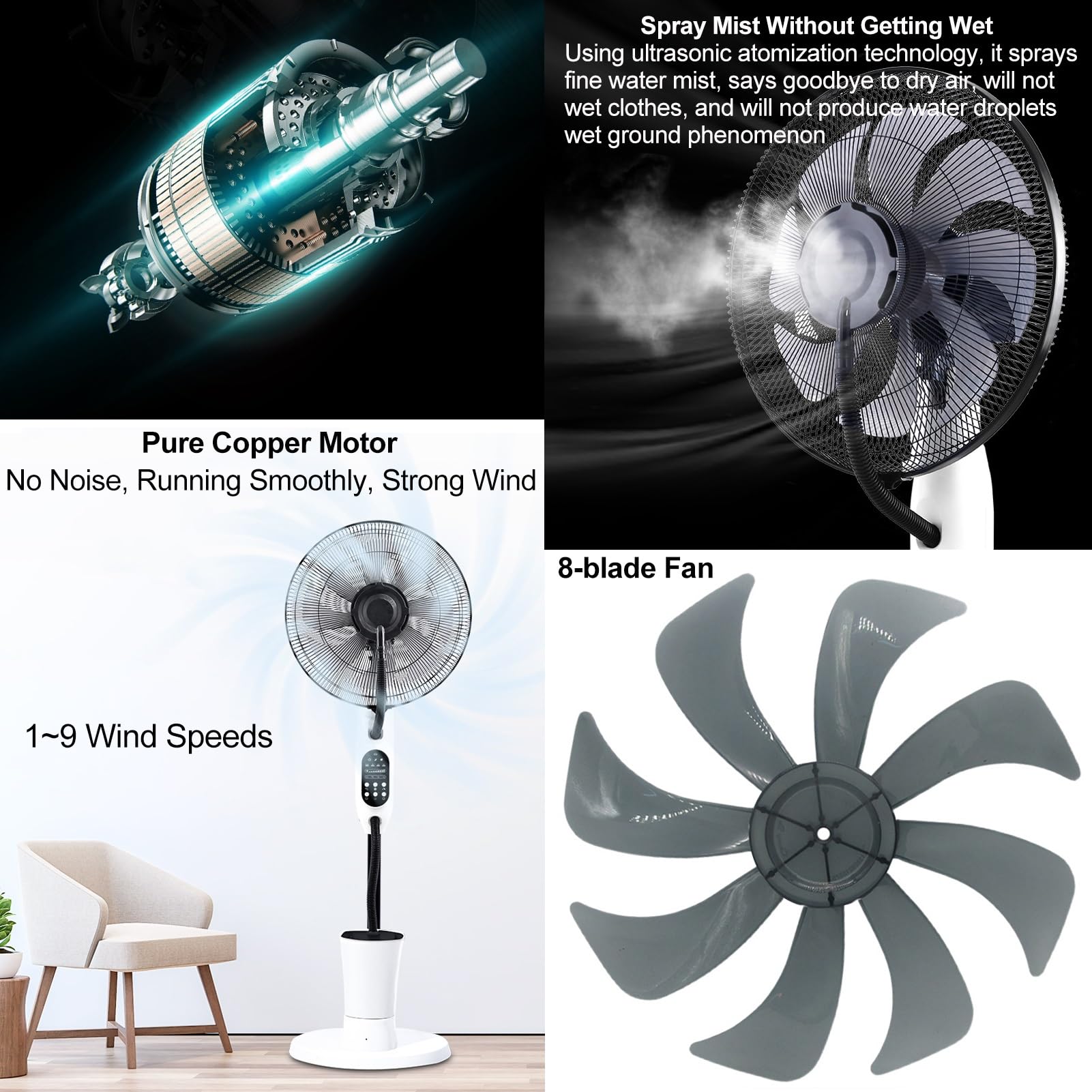 Ventilatore Nebulizzatore da Esterno, Ventilatore Nebulizzatore a Piantana, Ventilatore con Telecomando, 9 Velocità, Contenitore per Acqua da 2,4 L, Timer da 7,5 Ore, per Interno, Esterno, Giardino