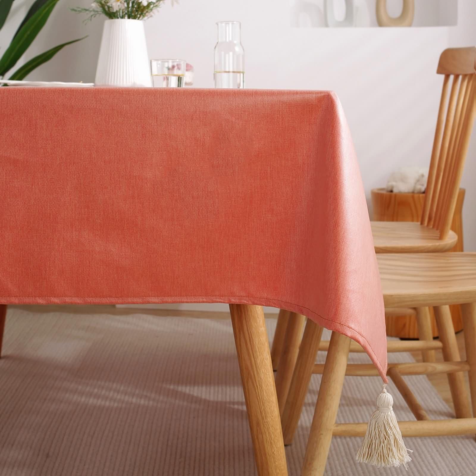 Mantel Terraza Exterior Rectangular Naranja, Color Sólido con Borlas, de Poliéster Fácil de Limpiar, 130 x 220 cm, Mantel para Decoración Hogar y Salón