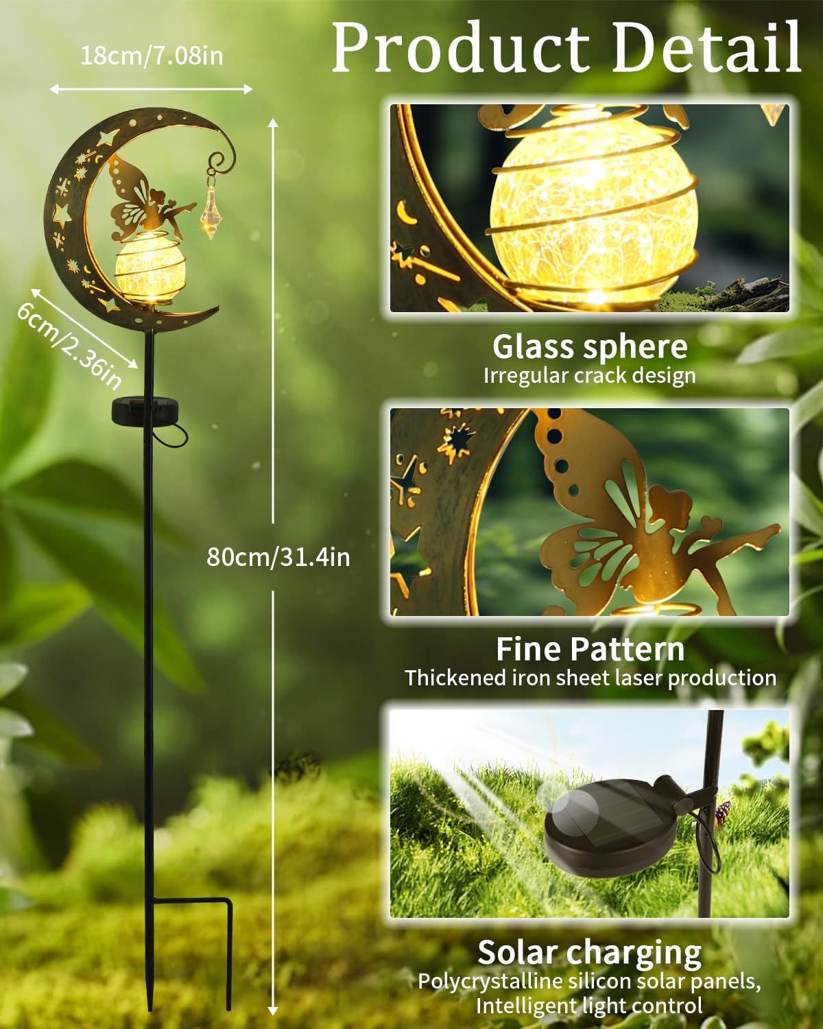 Moon Solar Lights Dekoracja tarasu ogrodowego,Elf/Flower Fairy Wodoodporna lampa słoneczna,Metalowe figurki ogrodu Dekoracja ogrodu,Zewnętrzna lampa słoneczna na zewnątrz,Na taras Balkon Pile Path