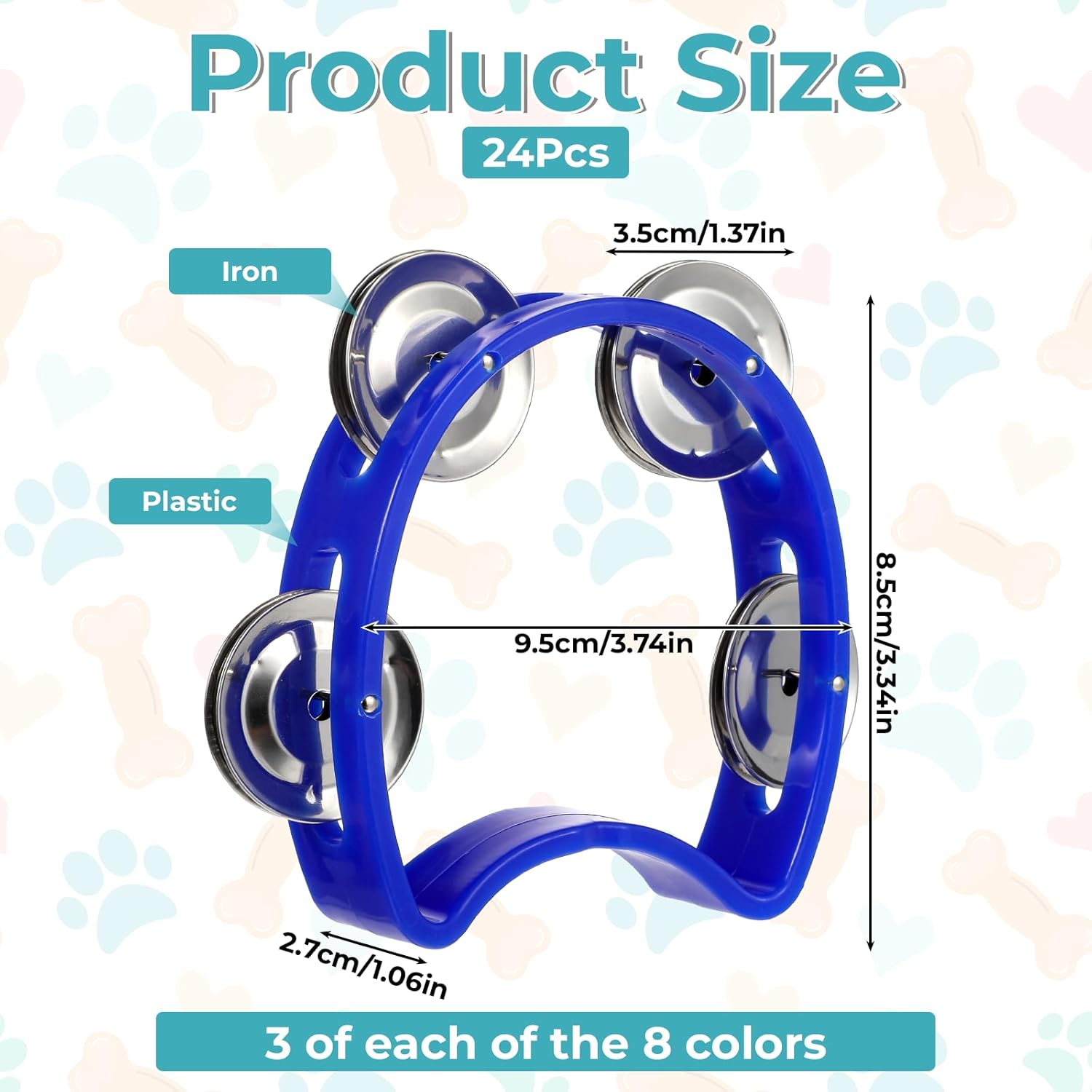 24 PCS Tamborines Musical Instrument Noise Makers, Plastic Percussion Tambourine with 4 Bells, Handheld Percussion Drum Tambourine, 8 Colors Tambourines
