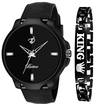 Britex Mesh Strap All Black Men Quartz Watch with Free Premium King Bracelet Water Resistant Feature Rakhi/Raksha Bandhan/Bhai Dooj Gift Pack Combo Analog Watch - for Boys - BT8050+King