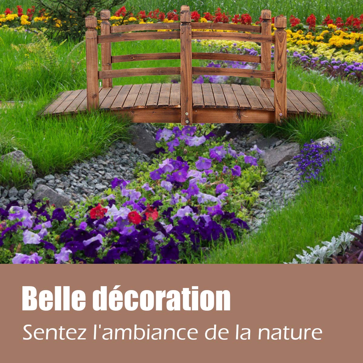 DREAMADE Pont de Jardin en Sapin Charge Maximale 150KG Tablier en Coubure avec Rampes de Deux Côtés 150 x 67 x 55CM Décoration du Jardin Pont de Bassin en Plein Air (Brun)