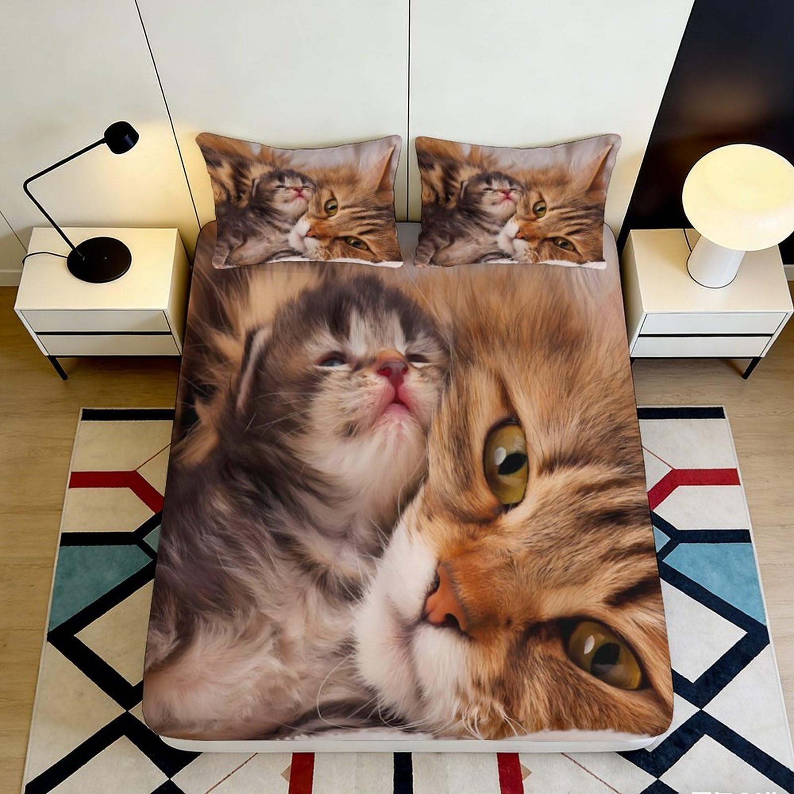 Jqzkxnhpbr Style-7 3D Printed Cat Family Fitted Sheet Microfiber Soft Breathable Kitten Bed Cover For Bedroom Guest Room Decor 90X200x25cm