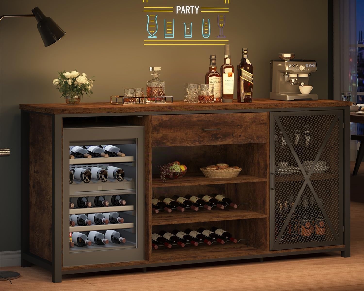 LVB Weinbarschrank mit Kühlschrank Platz Rustikaler Langer Barschränke mit Schubladen Stauraum Landhaus Holz Metall Wein Schrank Mit Regal Sideboard Büfett Für Küche Esszimmer Rustikales Braun 180cm