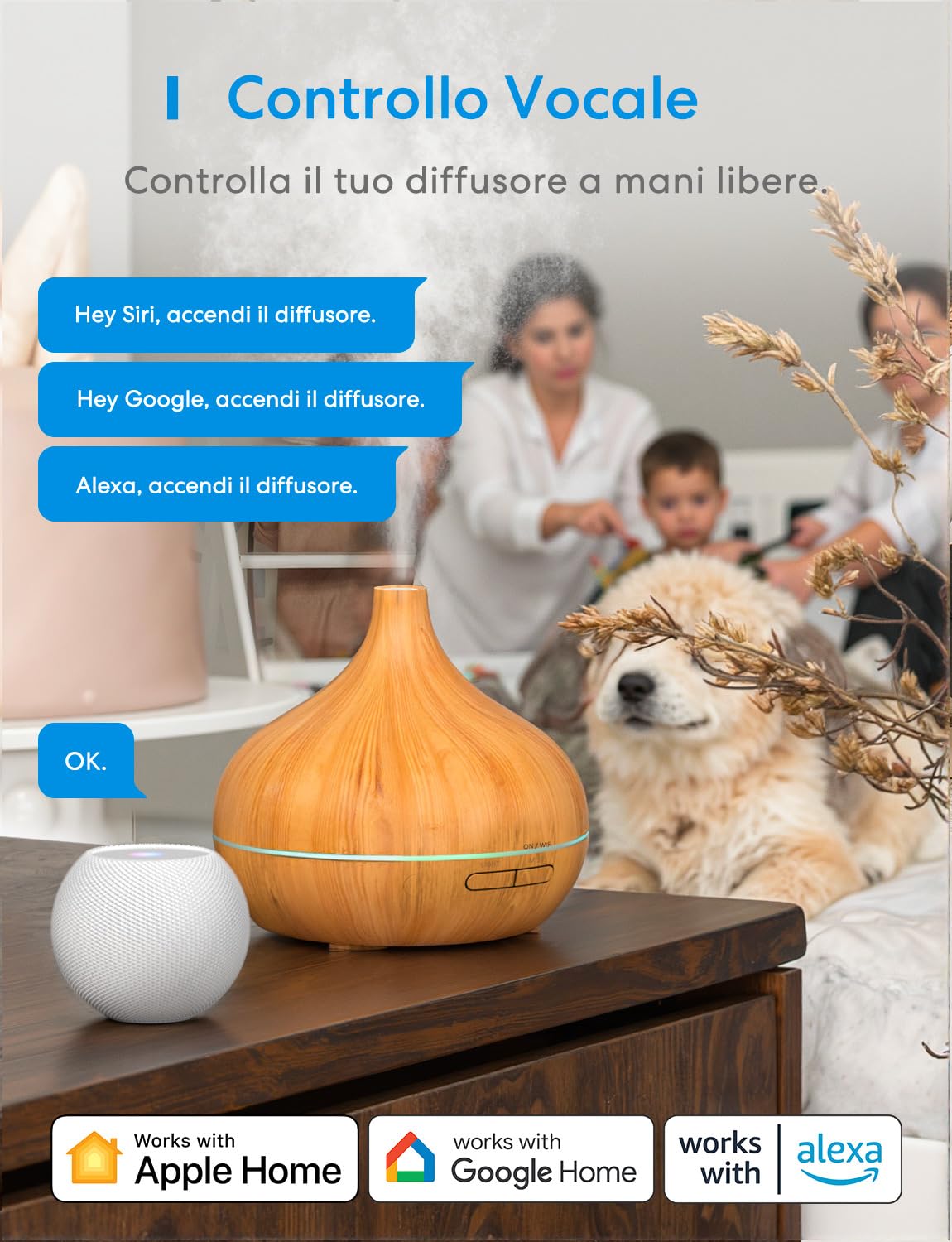 Meross Smart Diffusore di Oli Essenziali Mini | 400ML | Funzione di Temporizzazione | Controllo Remoto & Controllo Vocale | Intelligente Umidificatore | Compatibile con Apple Home, Alexa y Google Home