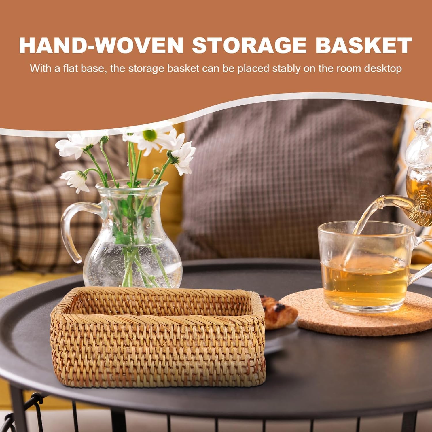 Homoyoyo Hand-woven Rattan Desktop Organizer Basket, Small Square 20x14x7cm, Decorative Snack and Sundries Storage Basket for Home and Office