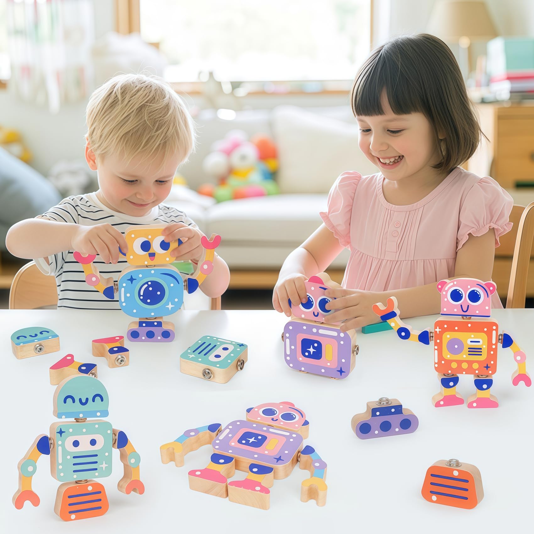 Juguetes robot para niños de 3 a 5 años, juguete de aprendizaje de madera Montessori con características desmontables robots, juego educativo STEM juegos de motricidad fina para niños y niñas 7