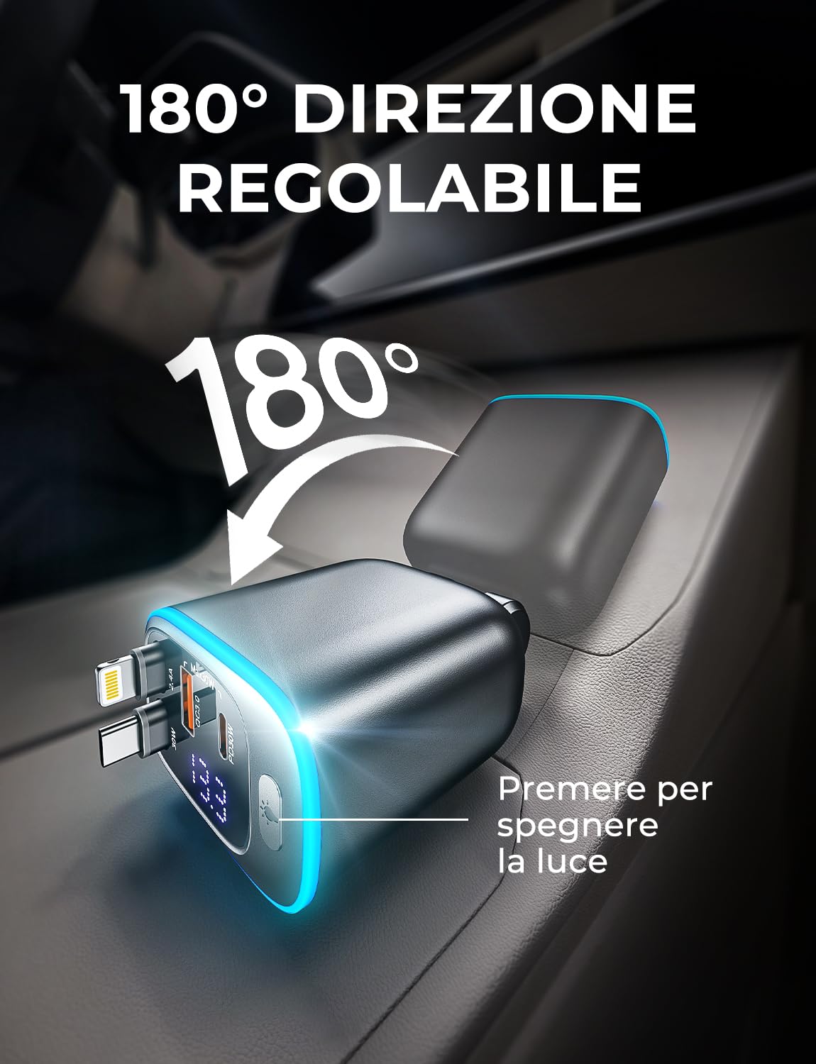 Rolgno Retrattile Caricatore Auto, [4 Porte Ricarica Rapida] 72W Presa Accendisigari USB C Auto, PD30W & QC3.0 Carica Batteria per Auto Cellulare, [Cavi Doppia da 65cm] USB Auto per iPhone/Galaxy/iPad