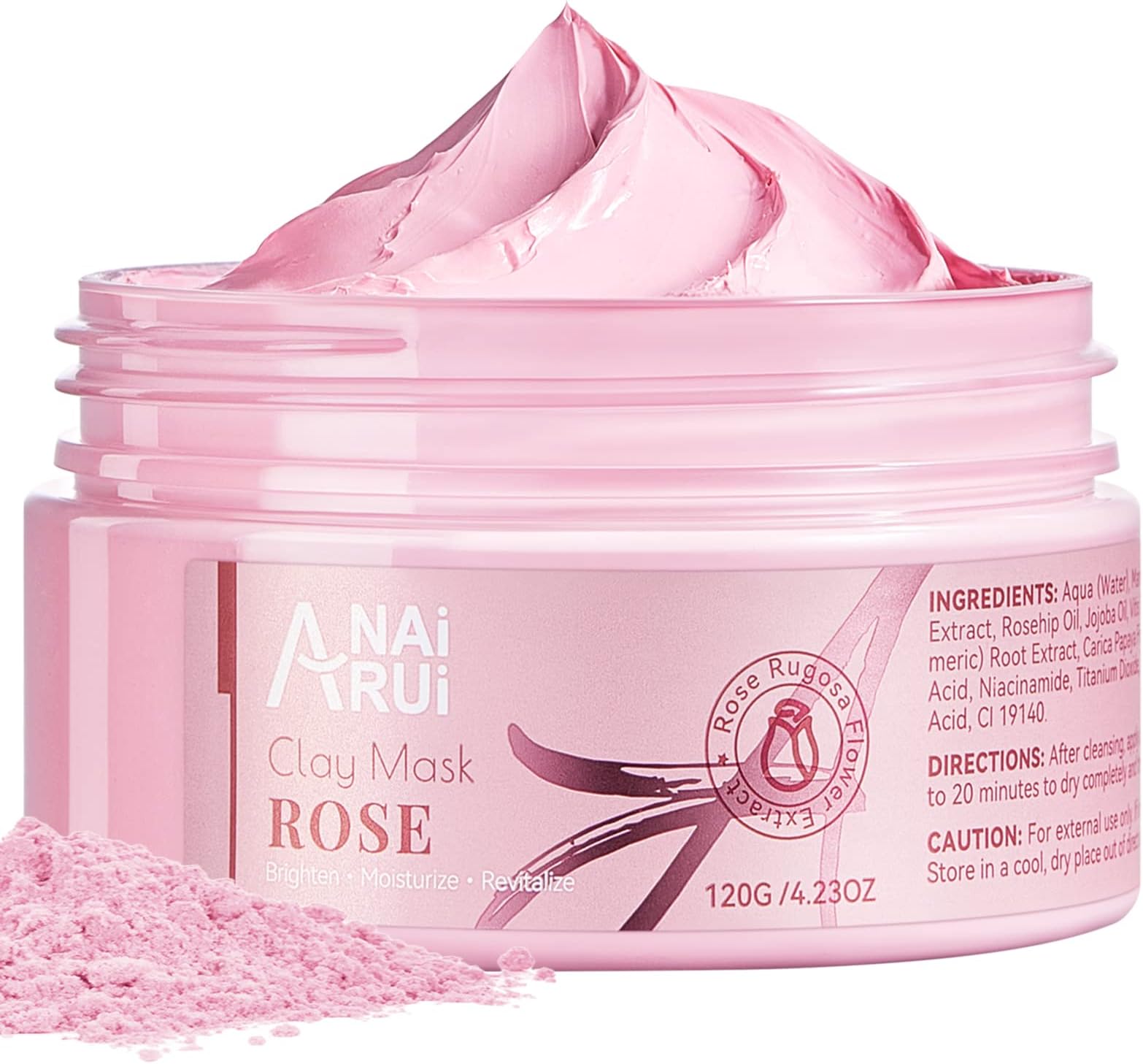 Rose Facial Mask, Clay Mask with Kaolin Pink Clay, Niacinamide, Collagen, Hyaluronic Acid for Moisturizing & Smooth Skin, Pores Minimizers, Blackhead Remover, 4.23 Oz