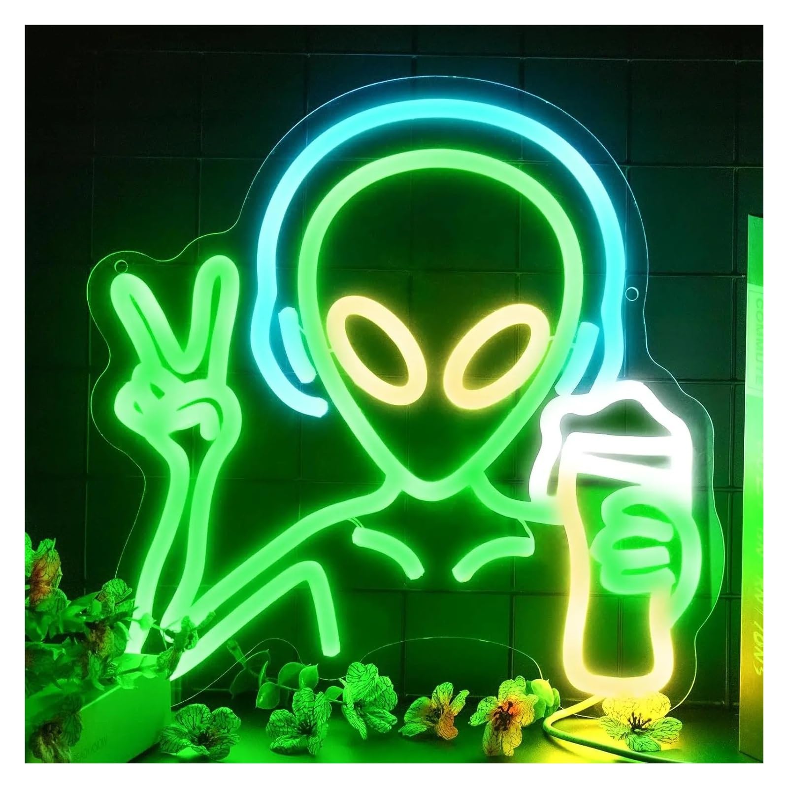 RONGCH Hanging Art Signs Green Alien Neon Sign Wall Decoration for Bedroom Gameroom Livingroom Birthday Party 40x40cm