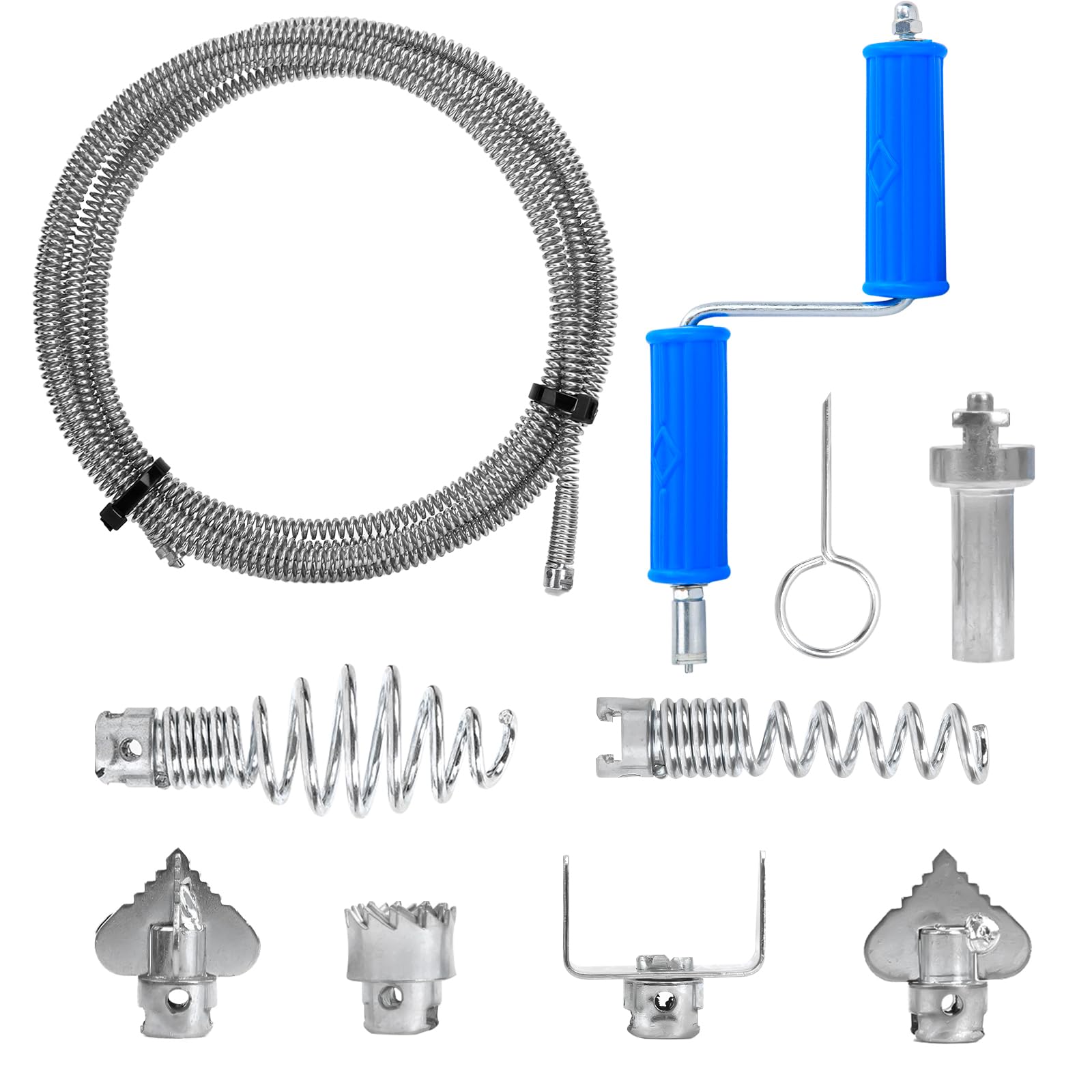Furet Déboucheur Canalisation Kit avec 6 Têtes Industrielles | 5M Longueur, 12mm Diamètre avec Adaptateur Manuel & Électrique pour Débouchage Intensif et Nettoyage de Tuyauterie