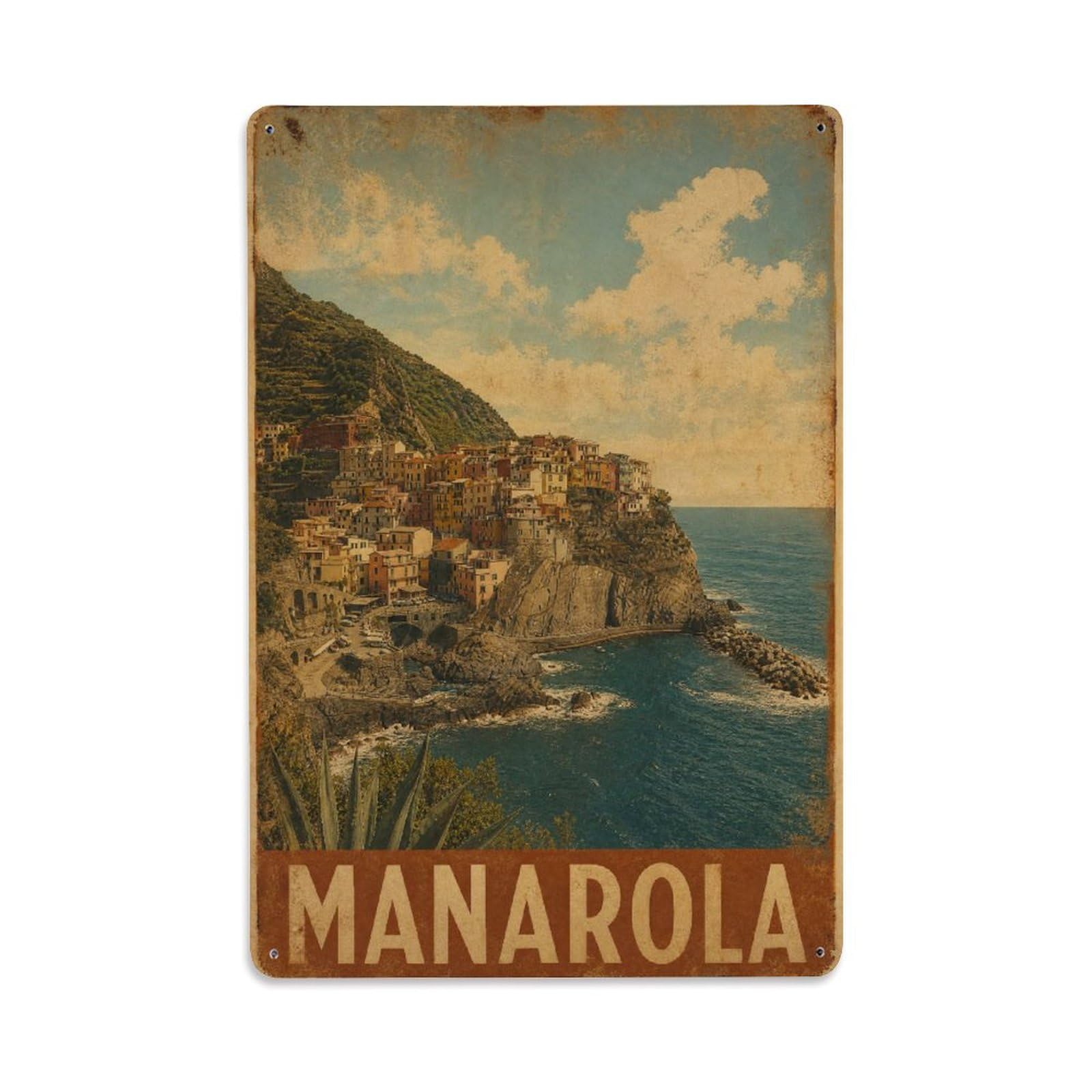 Huiyhb 8X12inch(20X30cm) Vintage Travel Manarola Coastal Panorama Wide View Italy Metal Tin Sign