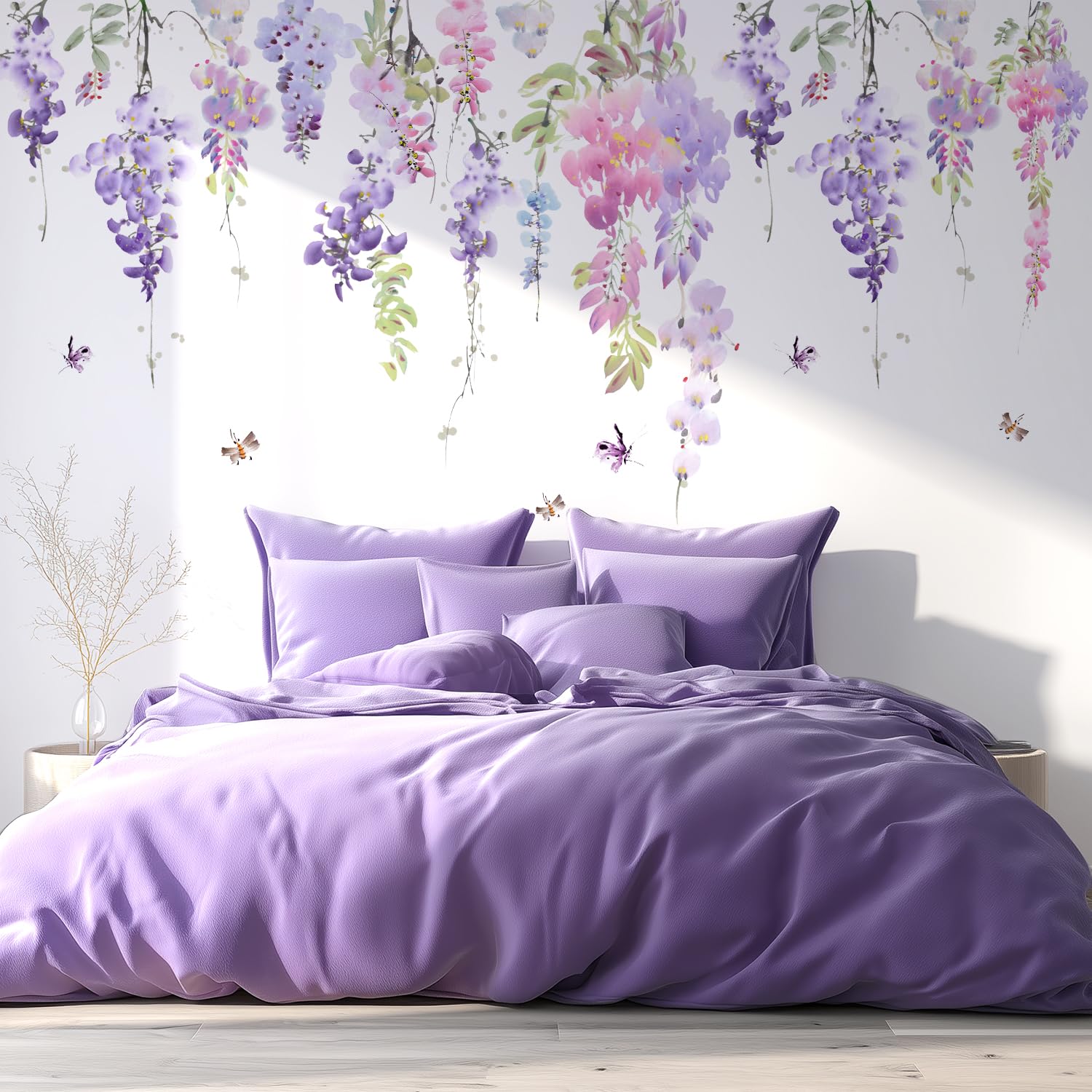 VePret Purple Flowers Wall Decals Peel and Stick, Large Hanging Floral Vinyl Wall Stickers, Removable Vine Home Decor Art for Bedroom Living Room