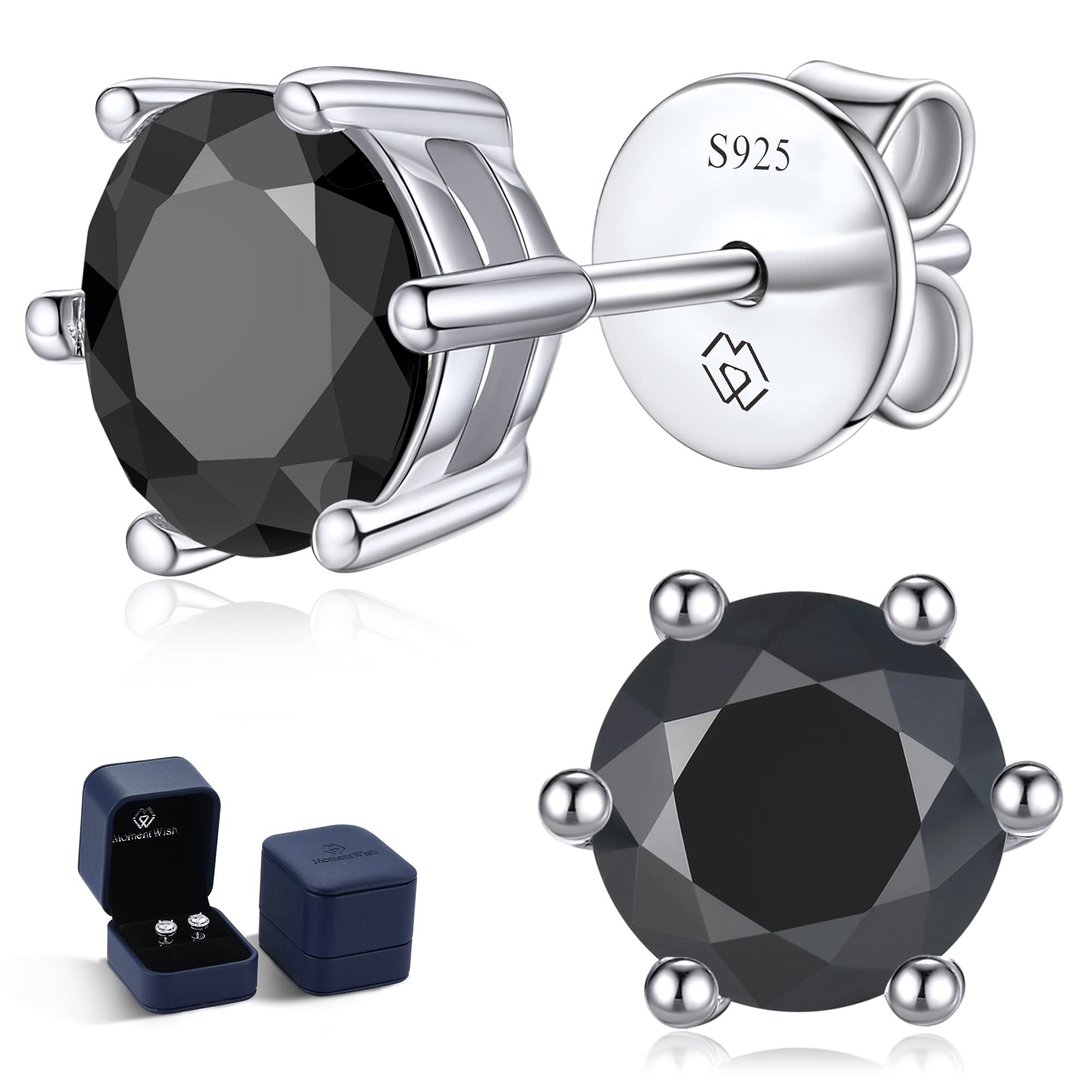 MomentWish Schwarze Moissanite Ohrstecker, 1-2 Karat Ohrringe Schwarz Herren Damen 925 Sterling Silber Simulierter Diamant Ohrring Solitär Ohrschmuck Geschenk für ihn 5/5.5/6.5mm