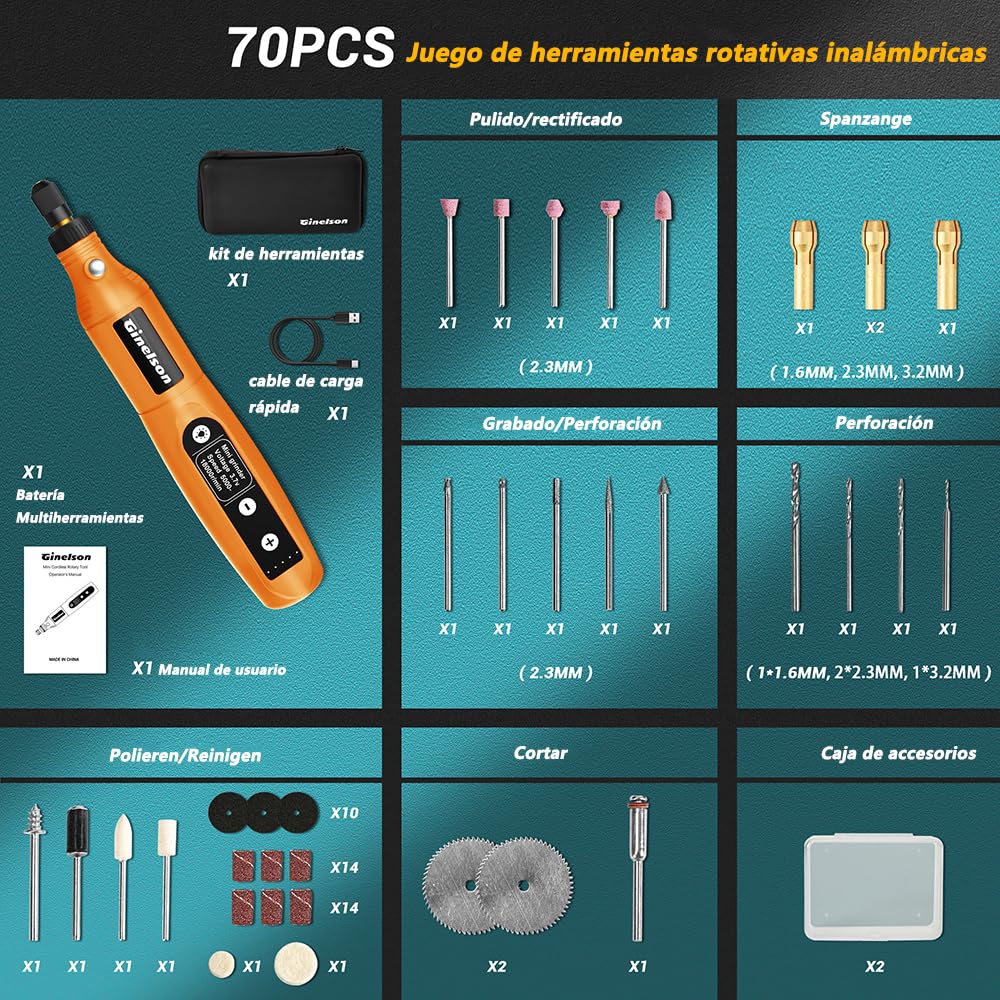 Outil rotatif sans fil3.7 V, outil rotatif 5 vitesses 18000 tr/min, avec éclairage LED et 70 accessoires pour percer, fraiser, graver, polir, meuler et décaper la rouille.