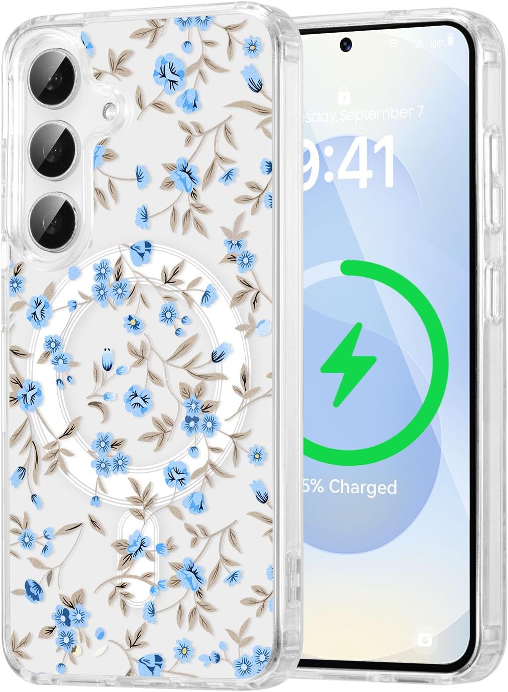 QLTYPRI Magnetic for Samsung Galaxy A17 5G Case Cute Floral, Blue