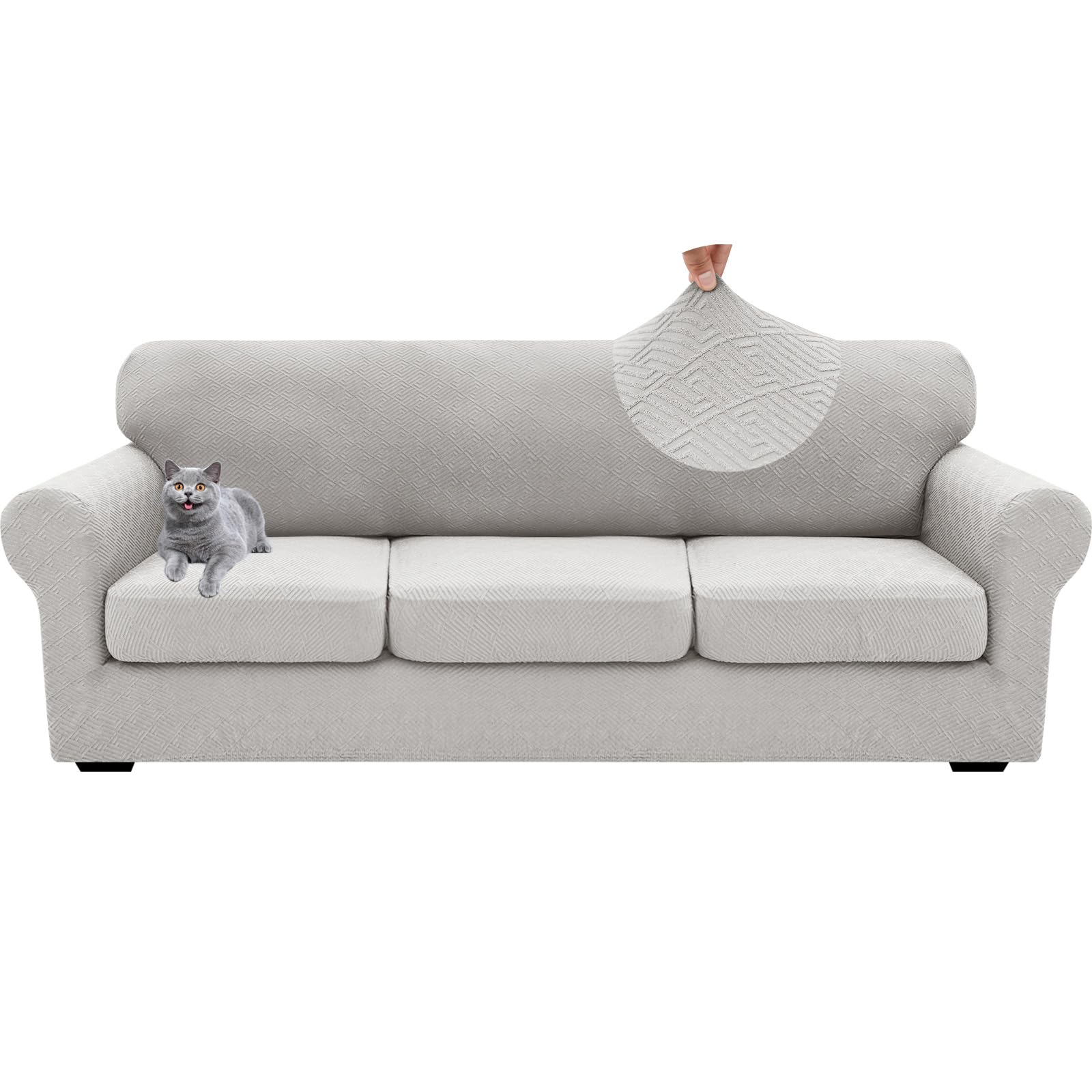 4 Pieces Stretch Sofa Cover 3 Seater, Soft Couch Covers with 3 Separate Seat Cushions Cover, Jacquard Spandex Sofa Slipcover for Living Room Furniture Protector (Silver Grey,XL Sofa(3 Cushions))