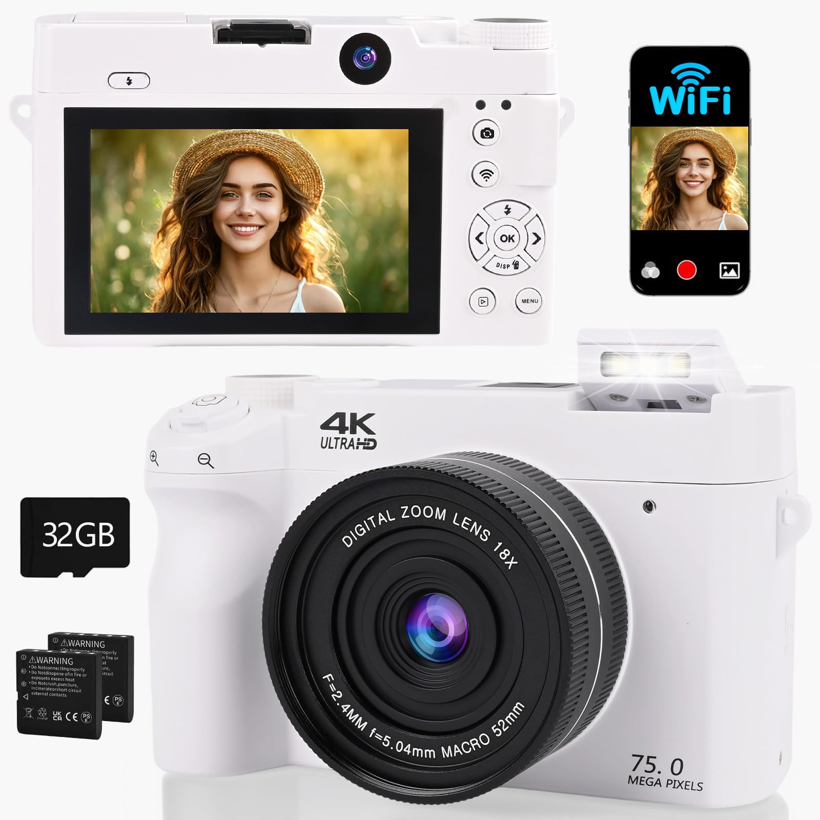 Macchina Fotografica Digitale 4K Ultra HD 75MP, Videocamera Autofocus con Zoom Digitale 18X e Schermo IPS da 3", Scheda SD 32GB, Macchina Fotografica Compatta per Principianti, Adolescenti (Bianco)