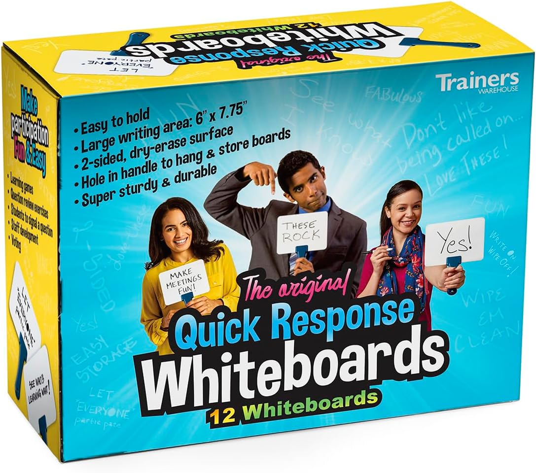 Trainers Warehouse Elite Classroom Set: 12 Double-Sided Dry-Erase White Response Boards | Ultra-Durable, Versatile Answer Paddles for Icebreakers, Voting & More (6" x 7.75")