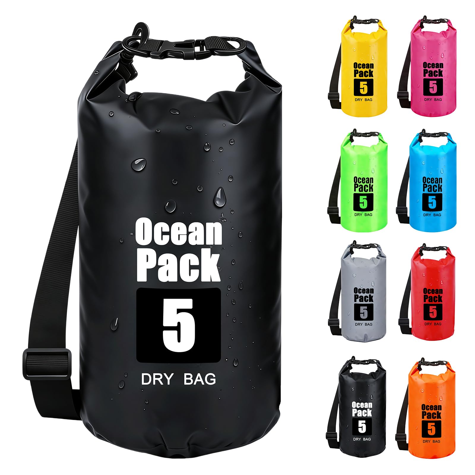 RONGZUBAT 5L Waterproof Dry Bag with Adjustable Shoulder Strap, Roll Top Dry Sack, Lightweight Waterproof Bag for Kayaking, Paddle Boarding, Boating, Beach, Swimming, Camping and Travel - Black
