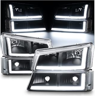 M-AUTO LED Strip DRL Headlights Assembly w/PRE-ASSEMBLED 6000K BULBS Compatible with 03 04 Chevy Silverado 2500/03 04 05 06 Silverado 1500 1500HD 2500HD 3500 | 03 04 05 06 Avalanche 1500 2500