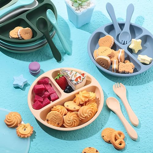 Miniatura 5 de Meanplan Paquete de 6 placas de succión para niños pequeños con tapas, juego de platos de silicona de grado alimenticio, diseño dividido de silicona