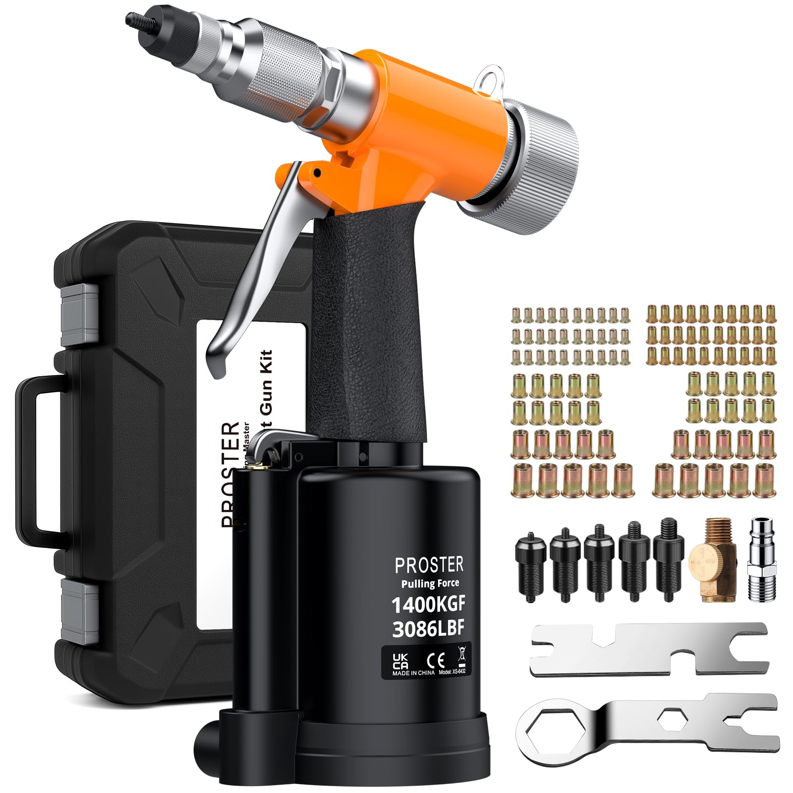 Proster Druckluft Nietmutternzange Set Nietmutterpistole, 100PCS Nietmutter Set, 5 Stück Metrische Mandrels (M4-M10), Luftdruckhydraulisches Werkzeug für Automobil, Industrie, Heimwerkerprojekte